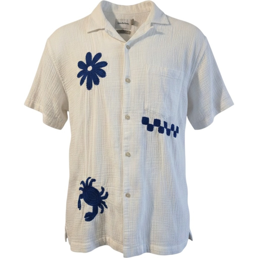 Goodfellow & Co White Gauze Embroidered Shirt Blue Crab Flower Fish Mens Large